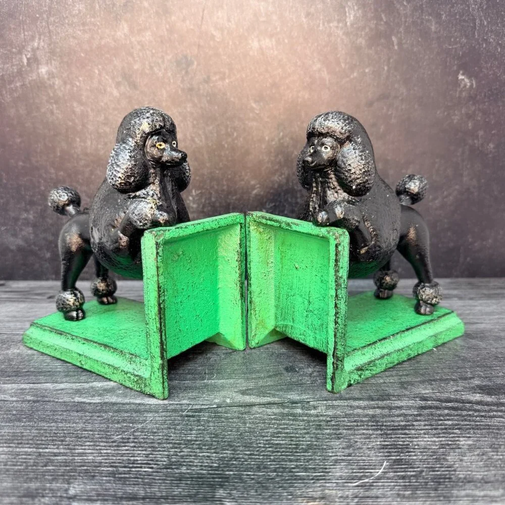 Cast Iron Black Poodle Dog Bookends Pair Vintage Style Midcentury MCM Heavy‎